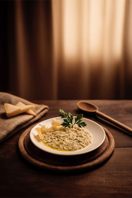Risotto cremoso alle erbe con cialda di Parmigiano e foglia di prezzemolo, servito su piatto bianco in un ambiente caldo e naturale, con luce morbida da finestra e dettagli rustici in legno e tessuto.